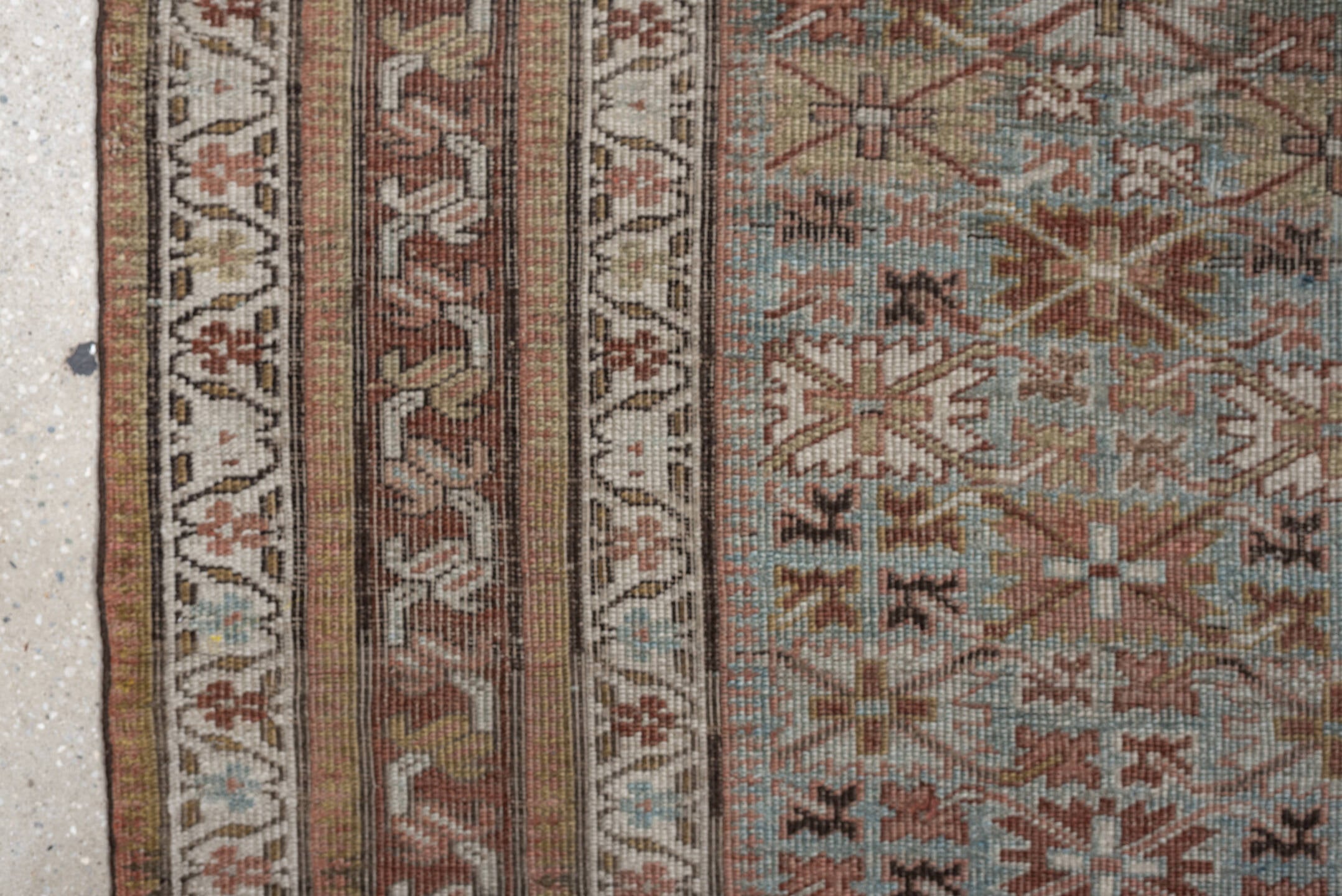 4' x 7' one-of-a-kind handmade antique Bidjar rug. Color palette: pale blue, rust, ivory, camel, taupe, brown, charcoal