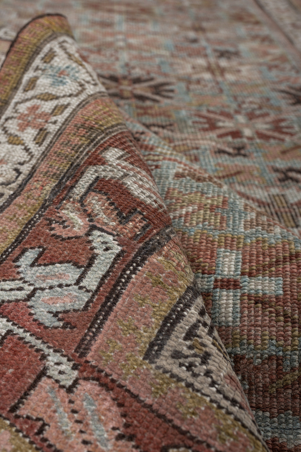 4' x 7' one-of-a-kind handmade antique Bidjar rug. Color palette: pale blue, rust, ivory, camel, taupe, brown, charcoal