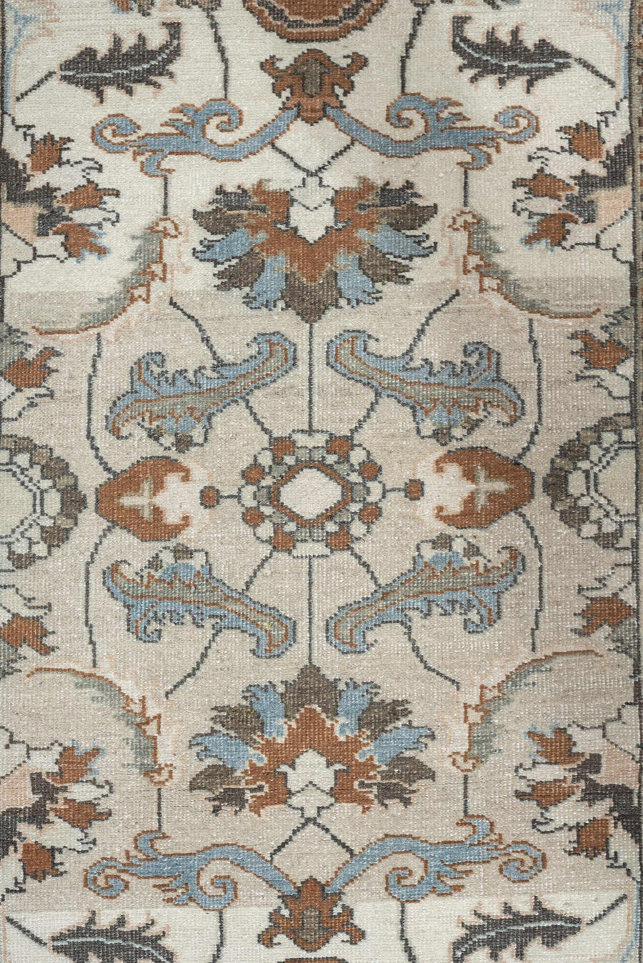 2' x 13' one-of-a-kind handmade antique Tabriz runner rug. Color palette: ivory, sky blue, camel, charcoal, taupe, slate