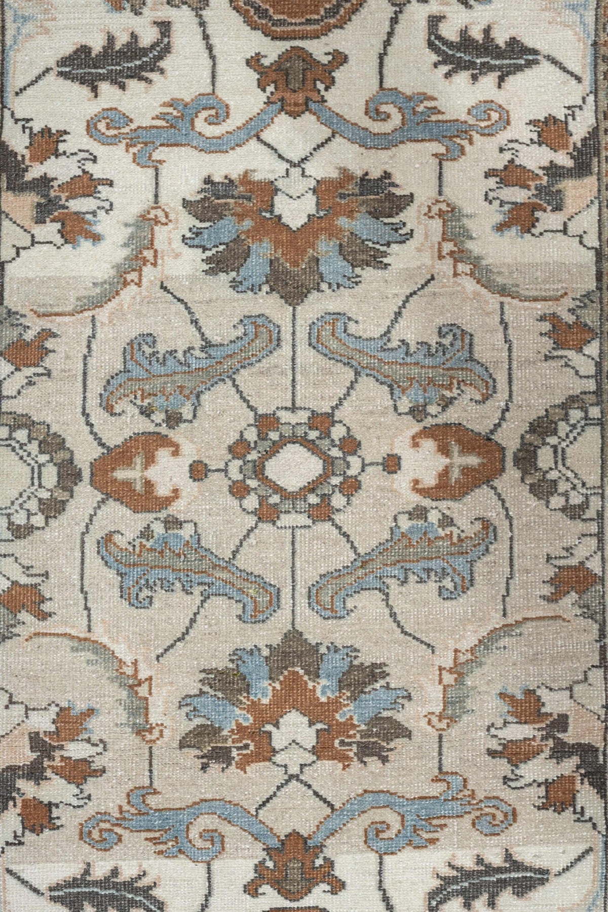 2' x 13' one-of-a-kind handmade antique Tabriz runner rug. Color palette: ivory, sky blue, camel, charcoal, taupe, slate