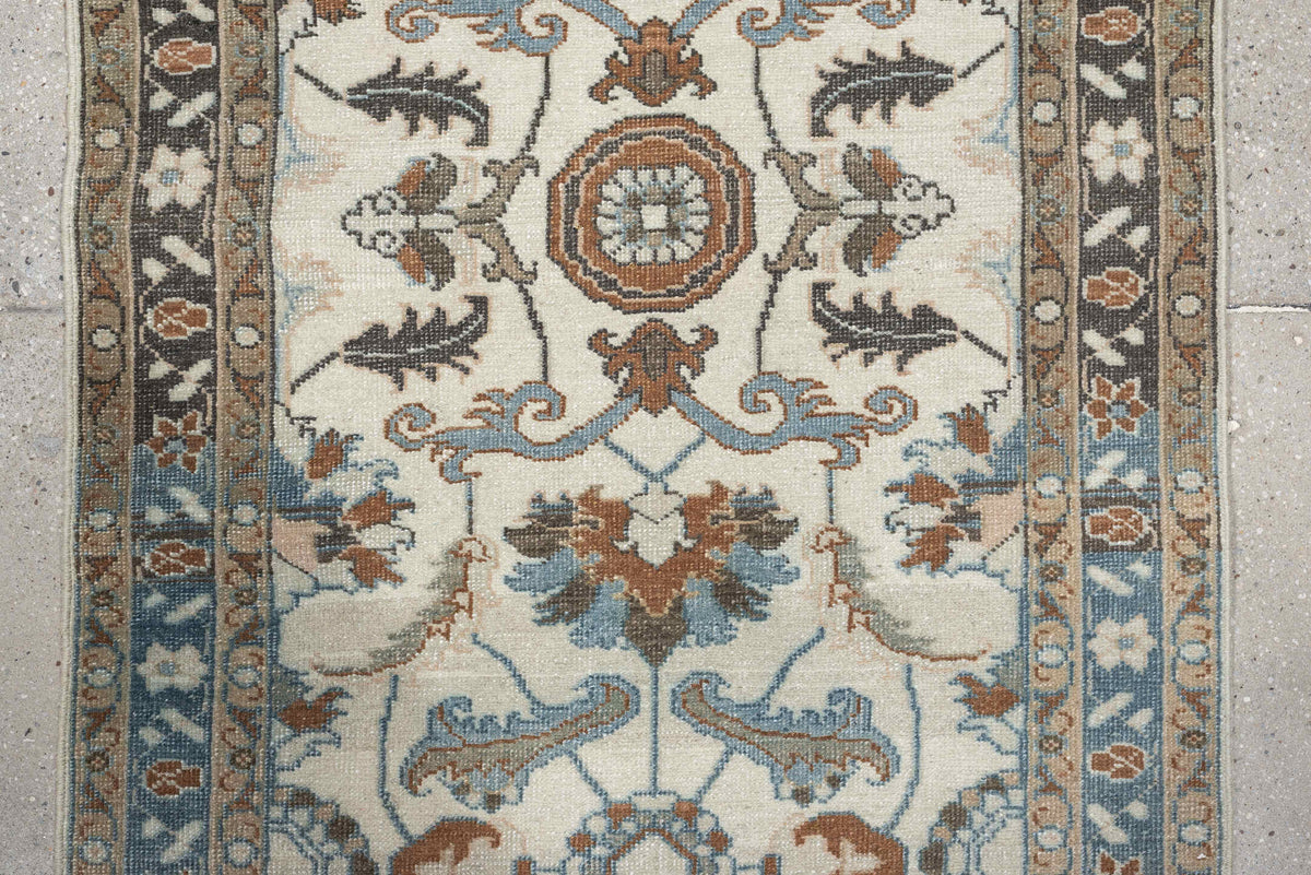 2' x 13' one-of-a-kind handmade antique Tabriz runner rug. Color palette: ivory, sky blue, camel, charcoal, taupe, slate