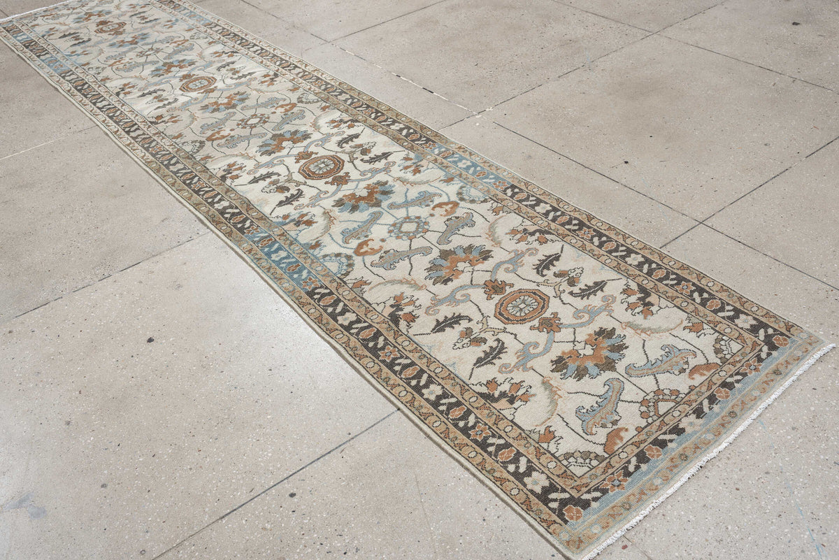 2' x 13' one-of-a-kind handmade antique Tabriz runner rug. Color palette: ivory, sky blue, camel, charcoal, taupe, slate
