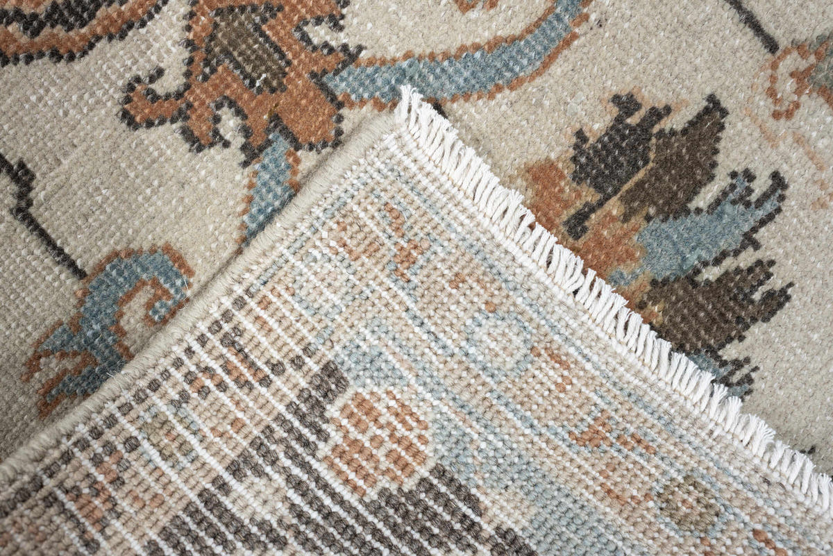 2' x 13' one-of-a-kind handmade antique Tabriz runner rug. Color palette: ivory, sky blue, camel, charcoal, taupe, slate