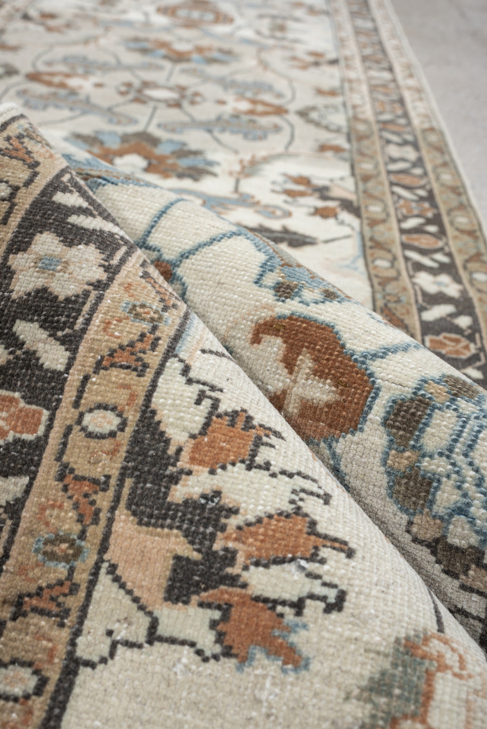 2' x 13' one-of-a-kind handmade antique Tabriz runner rug. Color palette: ivory, sky blue, camel, charcoal, taupe, slate