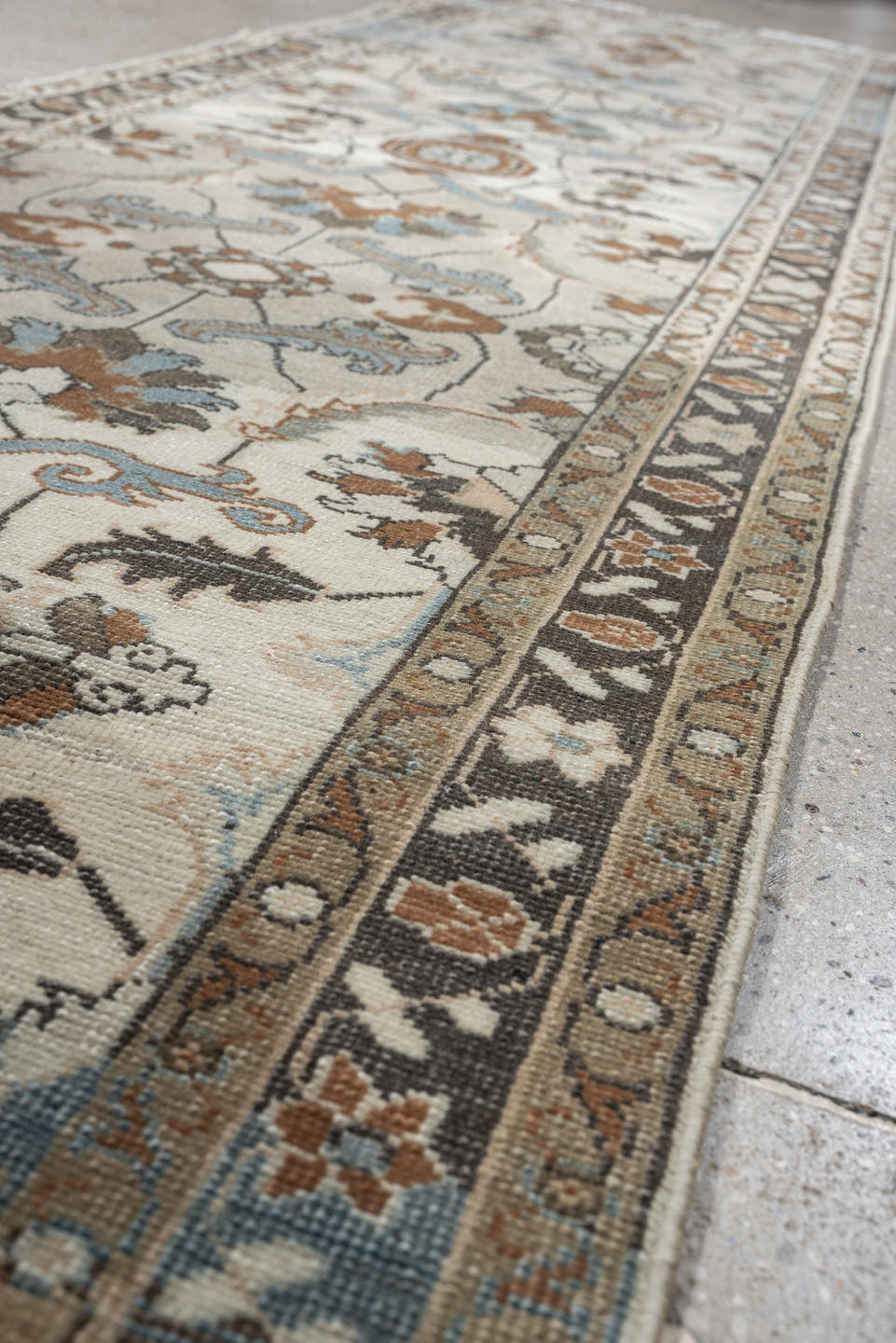 2' x 13' one-of-a-kind handmade antique Tabriz runner rug. Color palette: ivory, sky blue, camel, charcoal, taupe, slate