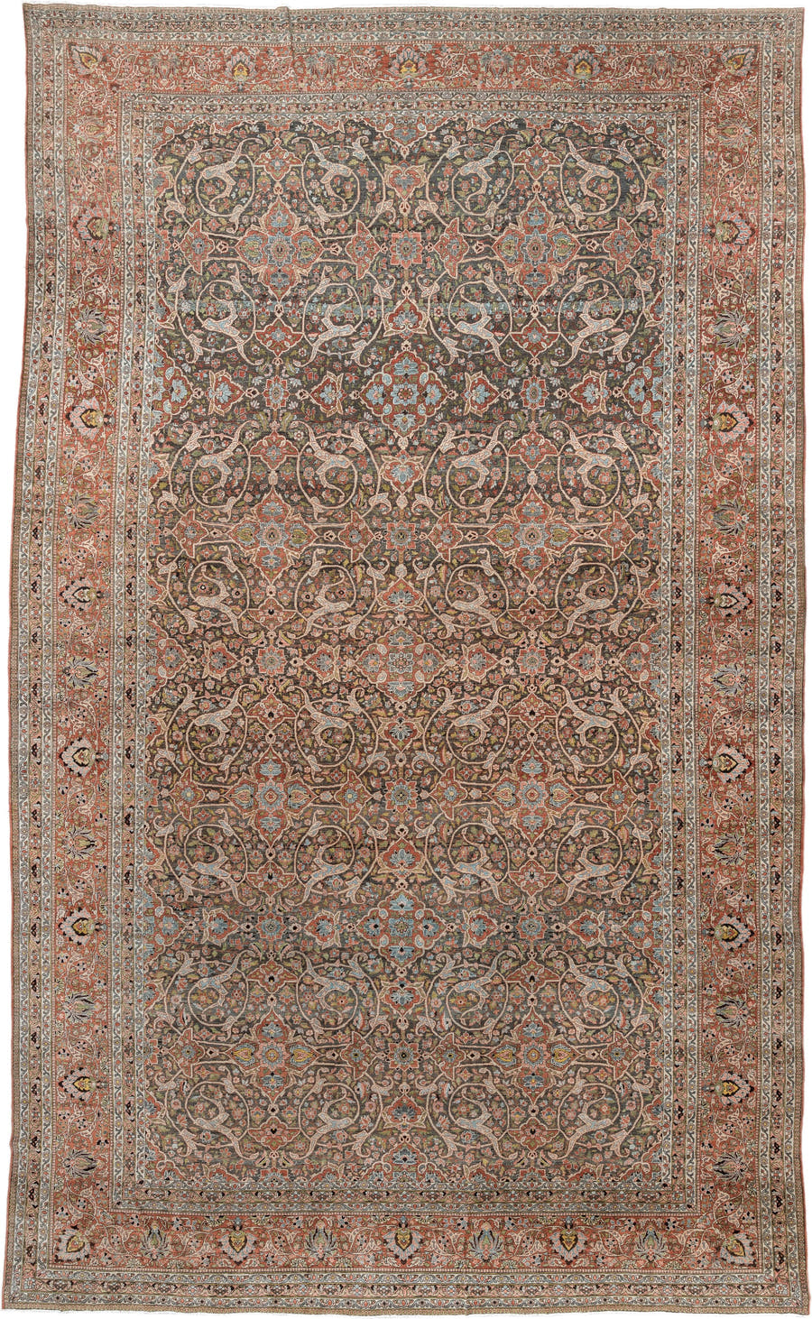 22' x 13' one-of-a-kind handmade antique Baktiary oversize rug. Color palette: charcoal, terracotta, ivory, teal, sage, gold