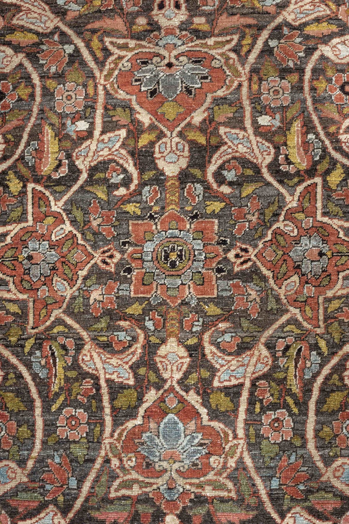 22' x 13' one-of-a-kind handmade antique Baktiary oversize rug. Color palette: charcoal, terracotta, ivory, teal, sage, gold