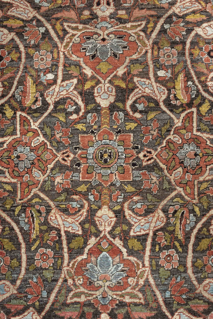 22' x 13' one-of-a-kind handmade antique Baktiary oversize rug. Color palette: charcoal, terracotta, ivory, teal, sage, gold