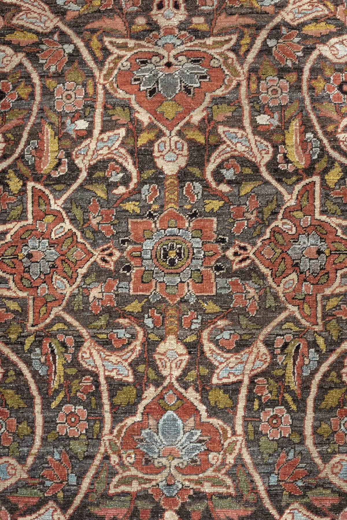 22' x 13' one-of-a-kind handmade antique Baktiary oversize rug. Color palette: charcoal, terracotta, ivory, teal, sage, gold