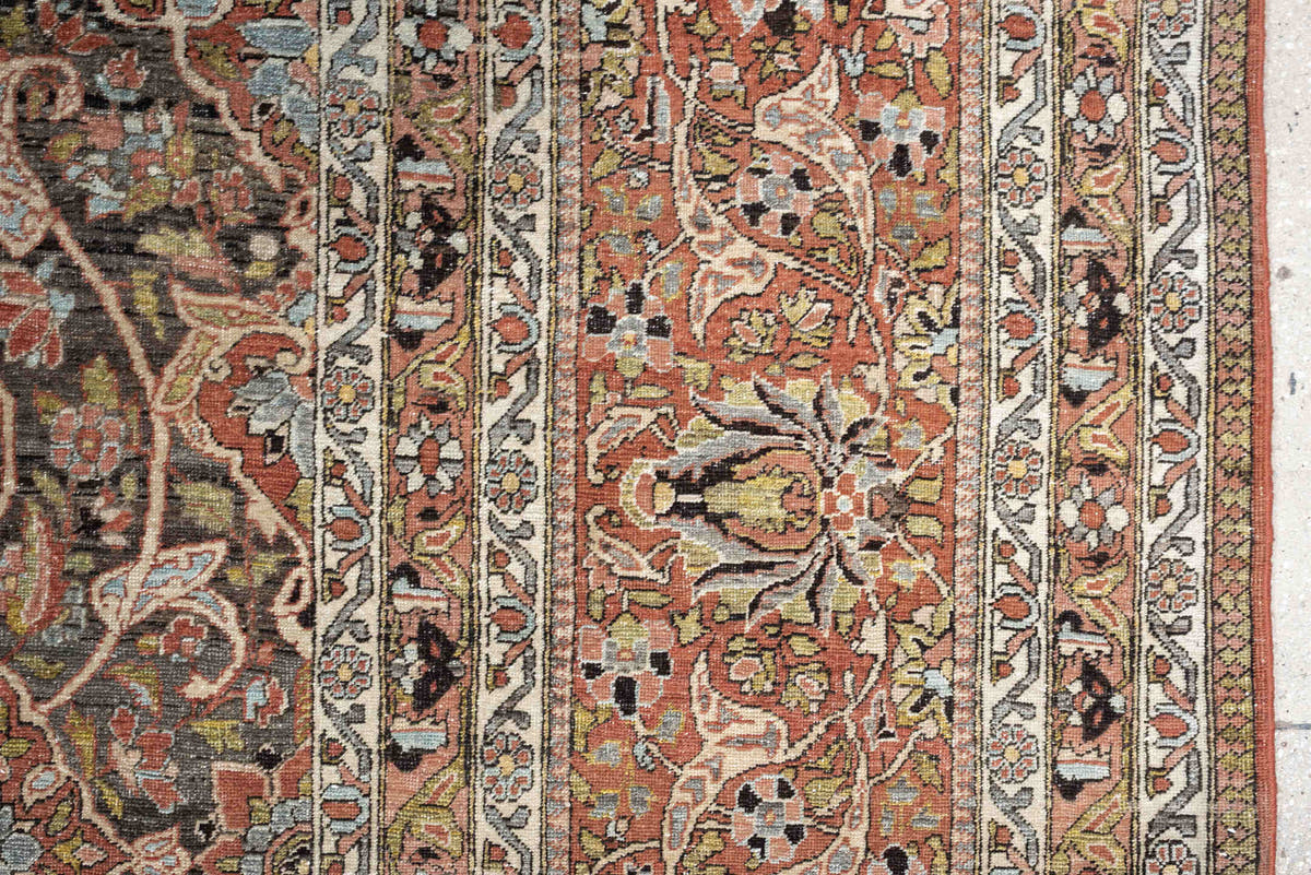 22' x 13' one-of-a-kind handmade antique Baktiary oversize rug. Color palette: charcoal, terracotta, ivory, teal, sage, gold