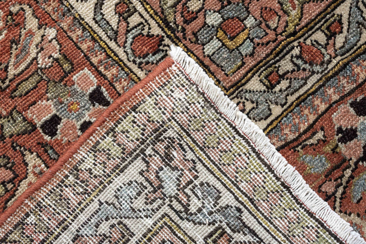 22' x 13' one-of-a-kind handmade antique Baktiary oversize rug. Color palette: charcoal, terracotta, ivory, teal, sage, gold