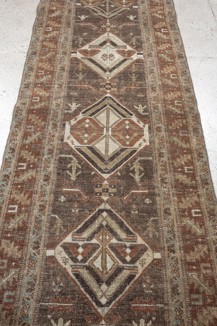 2' x 10' one-of-a-kind handmade antique Saraband runner rug. Color palette: charcoal, rust, ivory, camel, muted teal, taupe