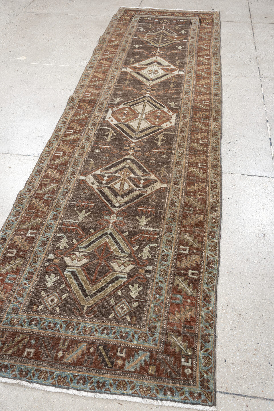 2' x 10' one-of-a-kind handmade antique Saraband runner rug. Color palette: charcoal, rust, ivory, camel, muted teal, taupe