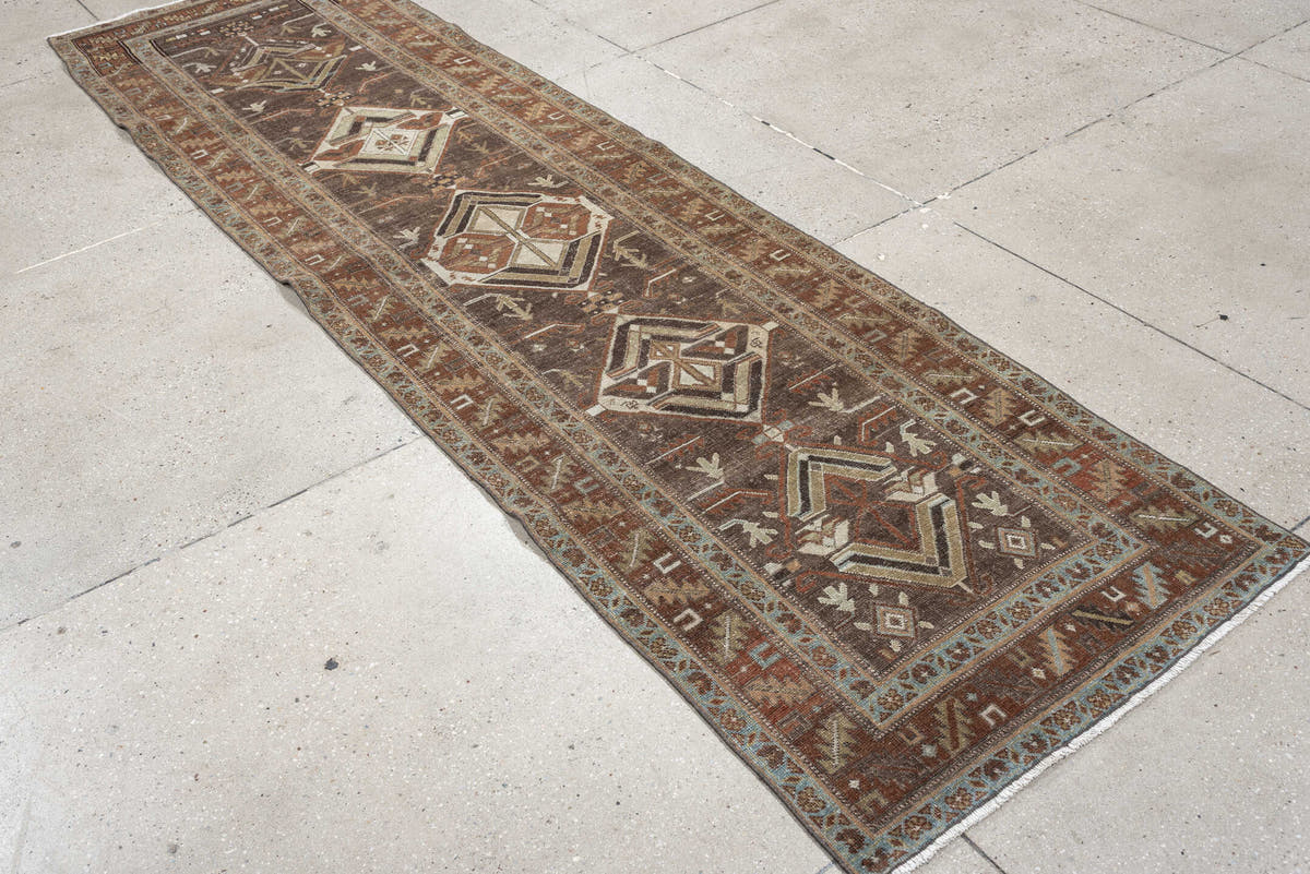 2' x 10' one-of-a-kind handmade antique Saraband runner rug. Color palette: charcoal, rust, ivory, camel, muted teal, taupe
