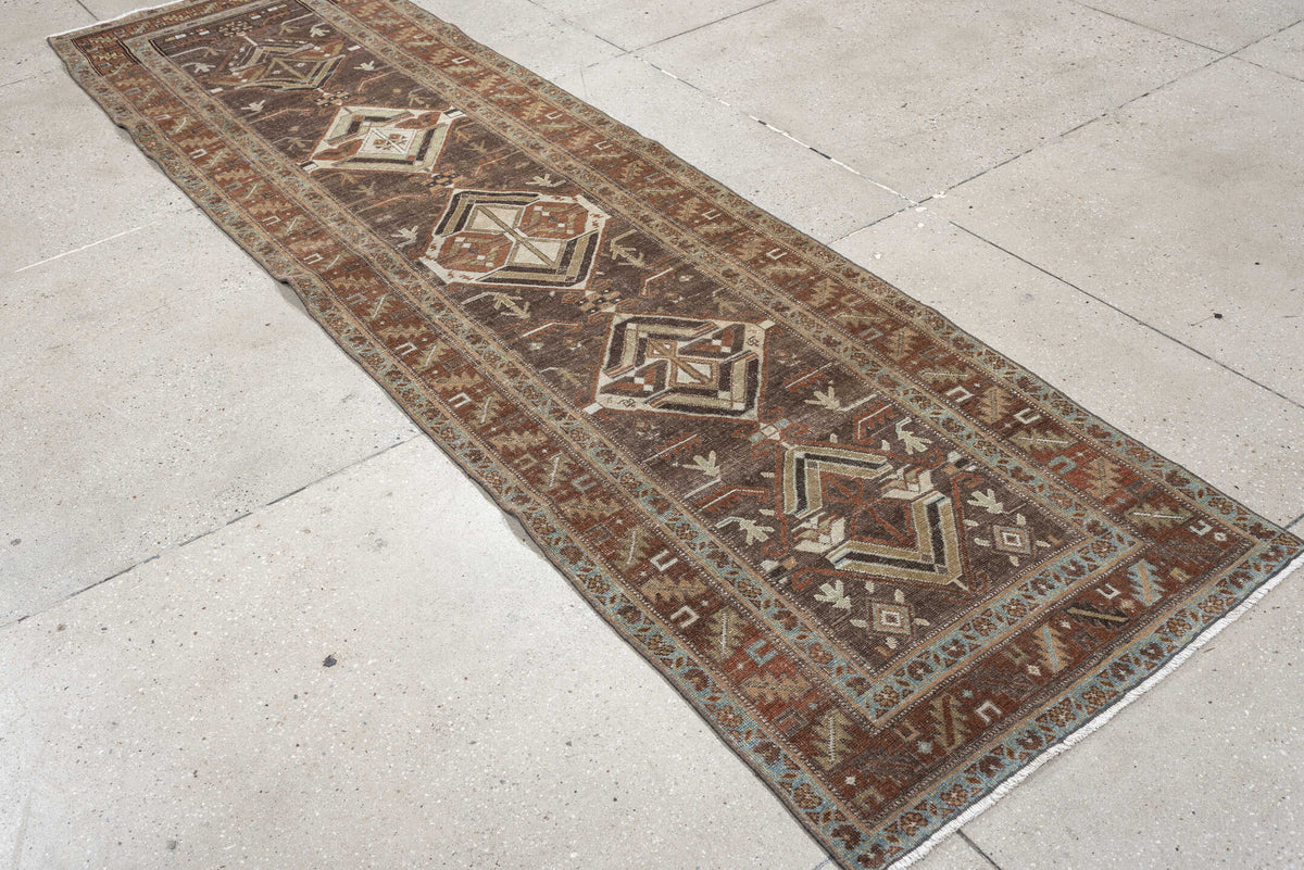 2' x 10' one-of-a-kind handmade antique Saraband runner rug. Color palette: charcoal, rust, ivory, camel, muted teal, taupe