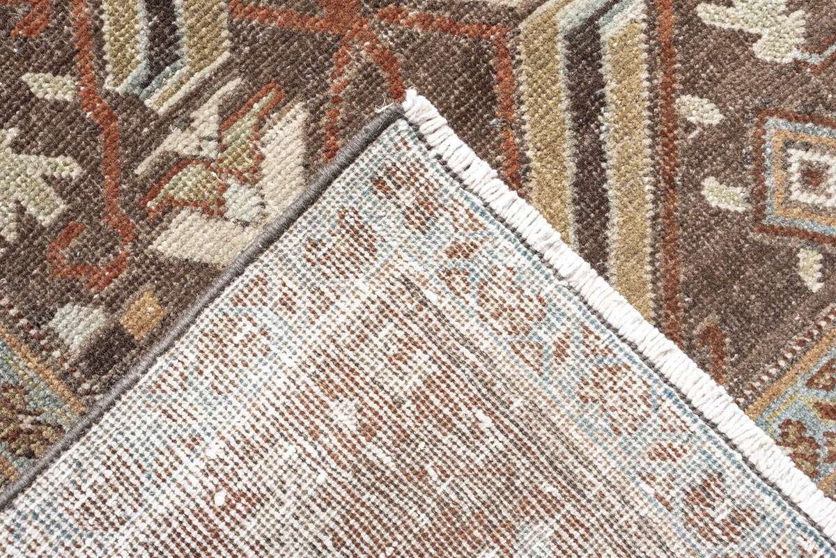 2' x 10' one-of-a-kind handmade antique Saraband runner rug. Color palette: charcoal, rust, ivory, camel, muted teal, taupe