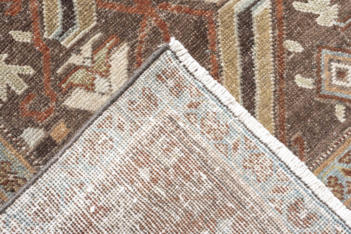 2' x 10' one-of-a-kind handmade antique Saraband runner rug. Color palette: charcoal, rust, ivory, camel, muted teal, taupe