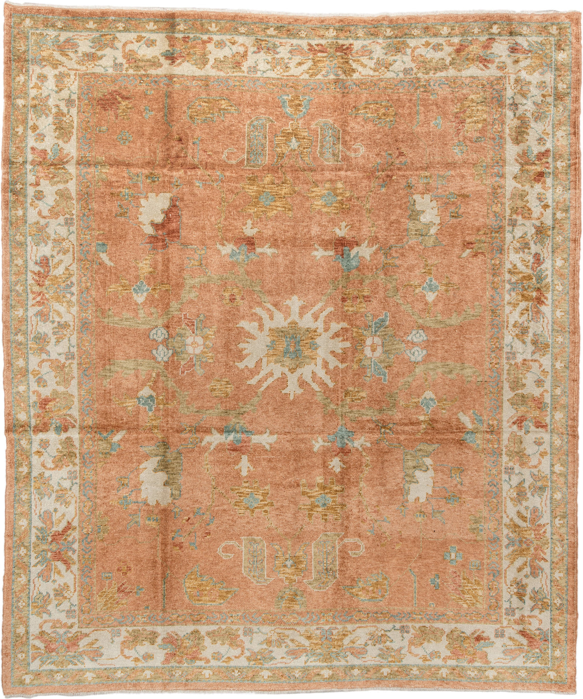 8' x 9' one-of-a-kind handmade antique Oushak large size rug. Color palette: terra cotta, ivory, sage, light blue, gold