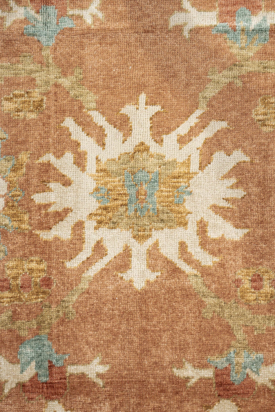 8' x 9' one-of-a-kind handmade antique Oushak large size rug. Color palette: terra cotta, ivory, sage, light blue, gold
