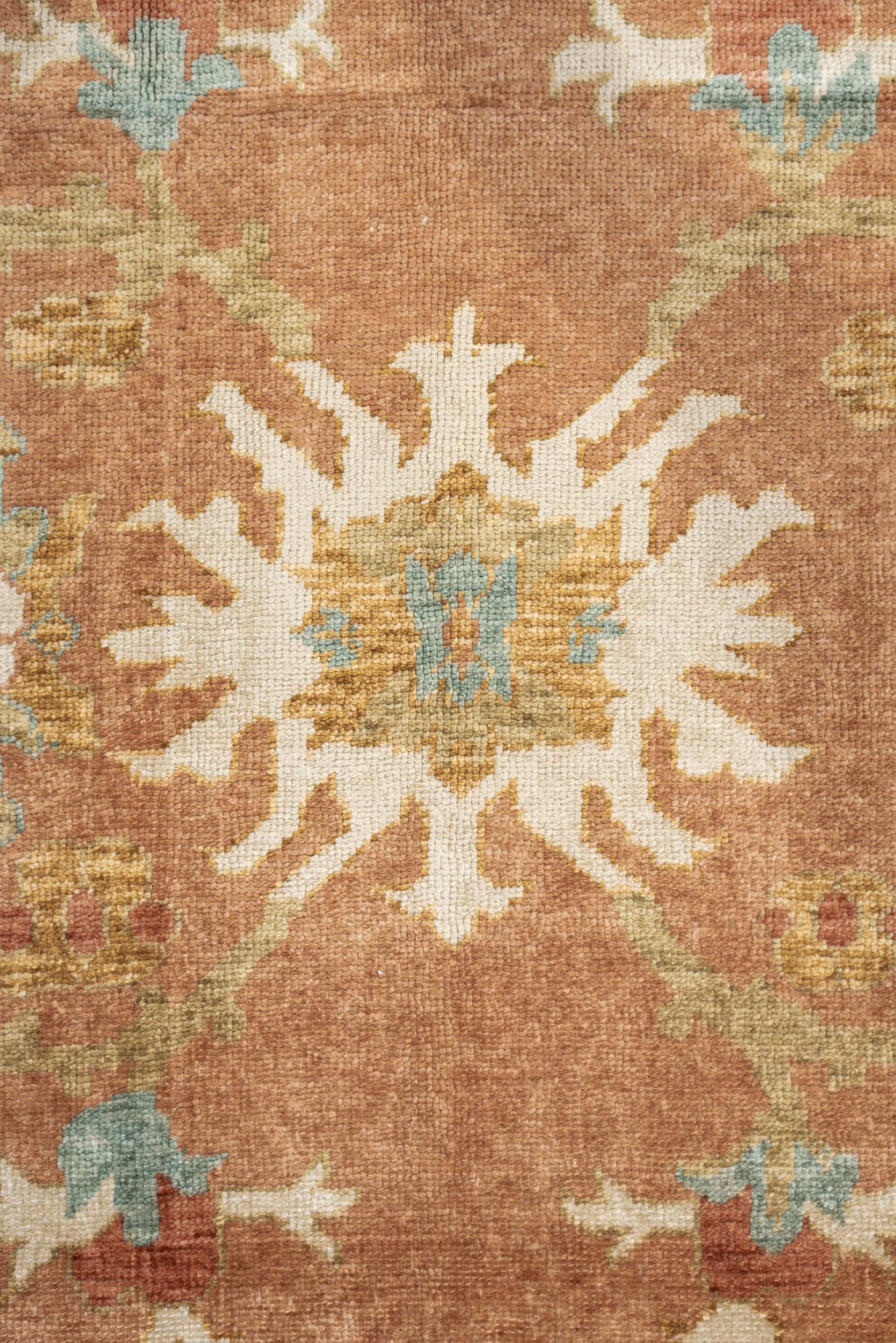 8' x 9' one-of-a-kind handmade antique Oushak large size rug. Color palette: terra cotta, ivory, sage, light blue, gold