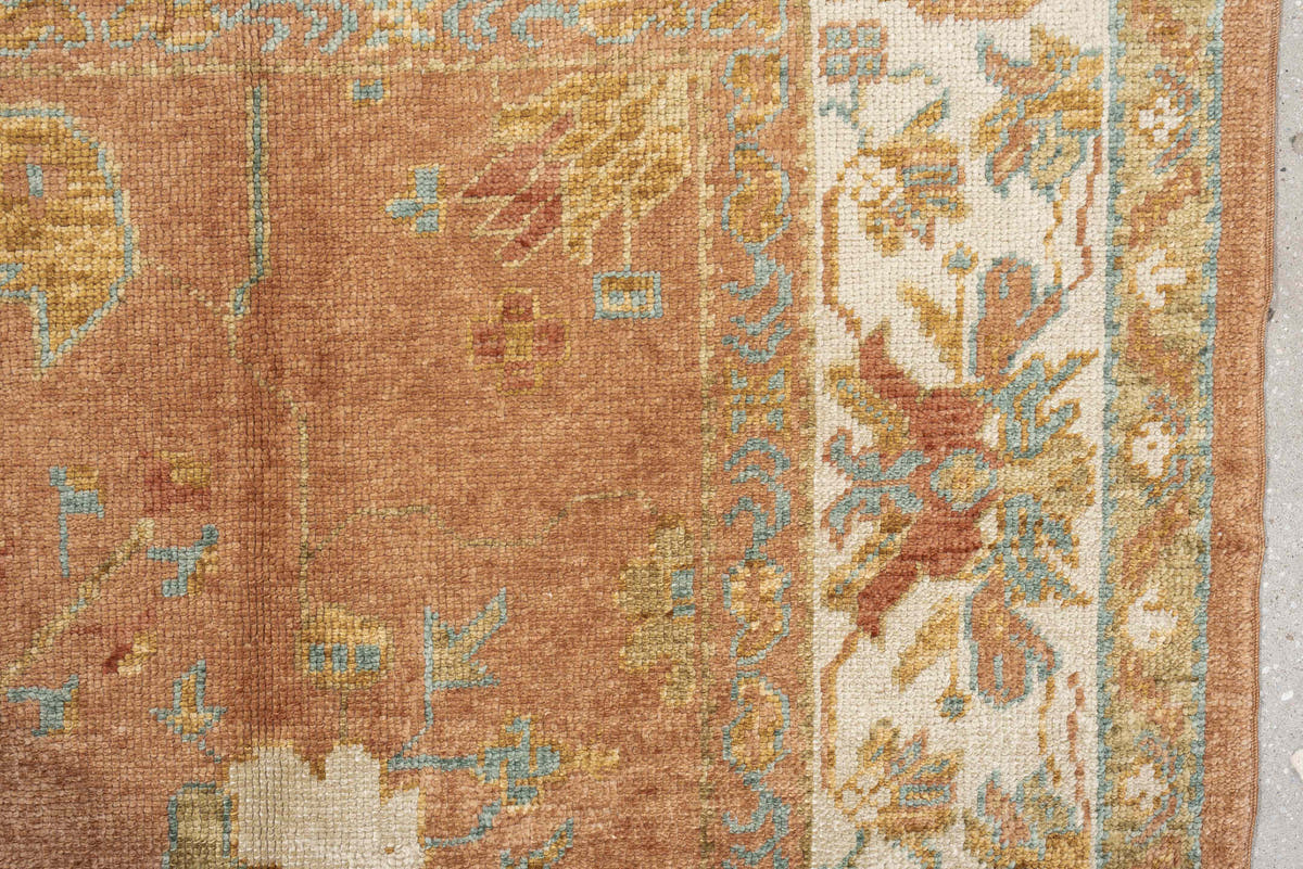 8' x 9' one-of-a-kind handmade antique Oushak large size rug. Color palette: terra cotta, ivory, sage, light blue, gold