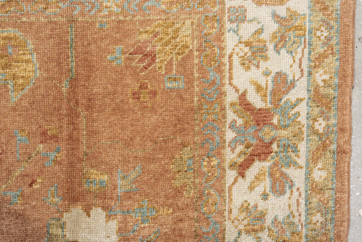 8' x 9' one-of-a-kind handmade antique Oushak large size rug. Color palette: terra cotta, ivory, sage, light blue, gold