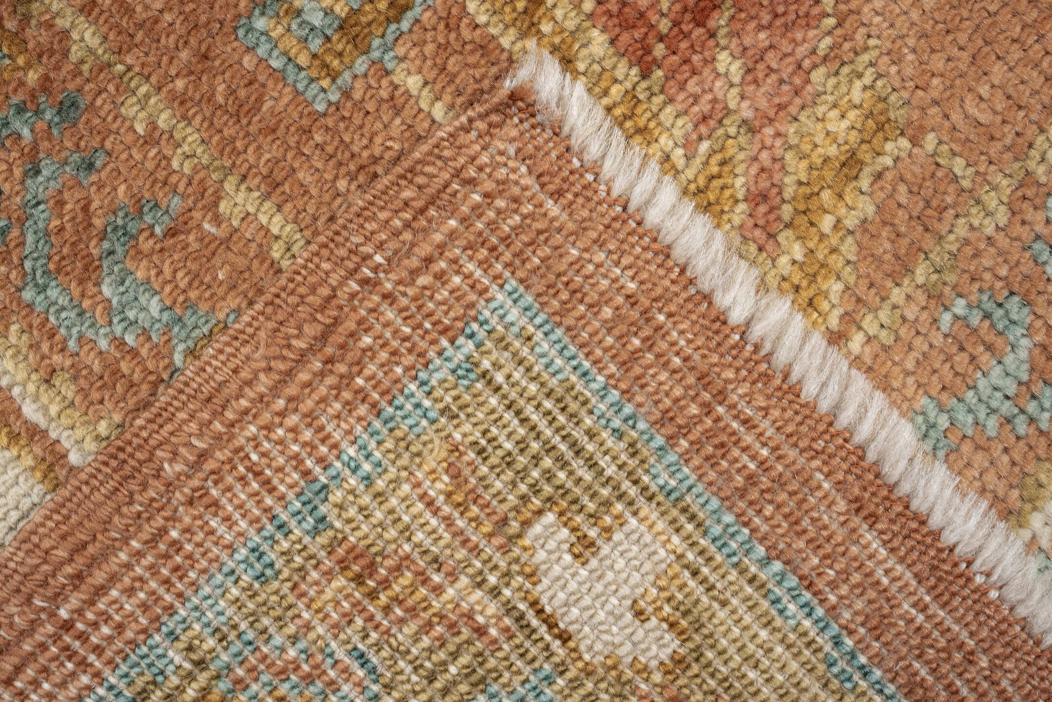8' x 9' one-of-a-kind handmade antique Oushak large size rug. Color palette: terra cotta, ivory, sage, light blue, gold