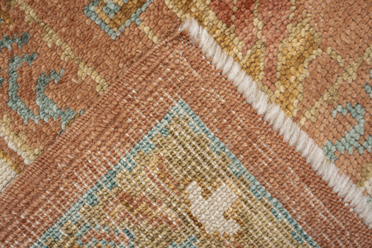 8' x 9' one-of-a-kind handmade antique Oushak large size rug. Color palette: terra cotta, ivory, sage, light blue, gold