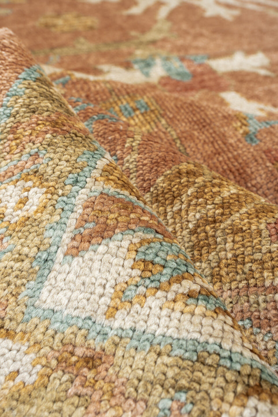 8' x 9' one-of-a-kind handmade antique Oushak large size rug. Color palette: terra cotta, ivory, sage, light blue, gold