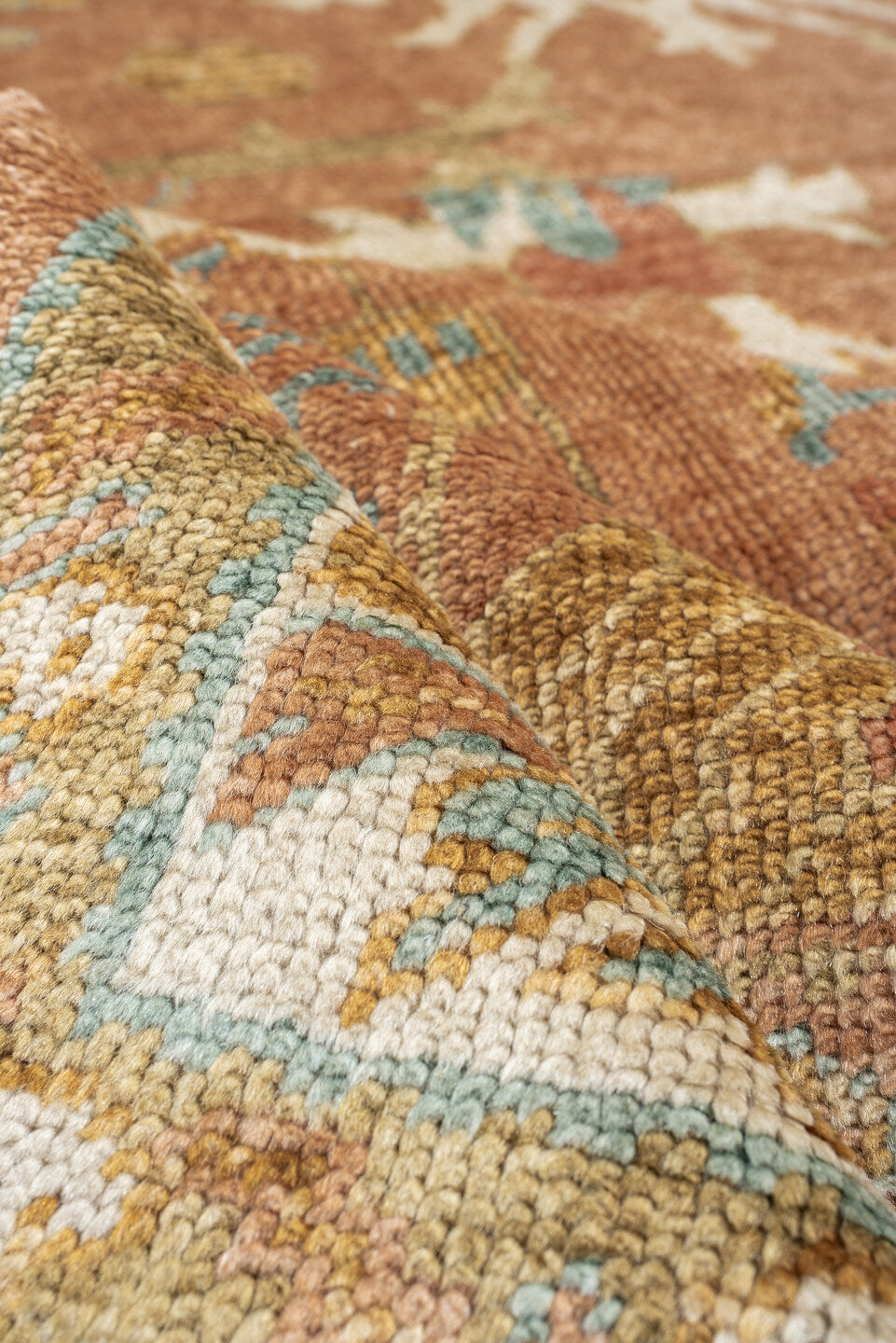8' x 9' one-of-a-kind handmade antique Oushak large size rug. Color palette: terra cotta, ivory, sage, light blue, gold