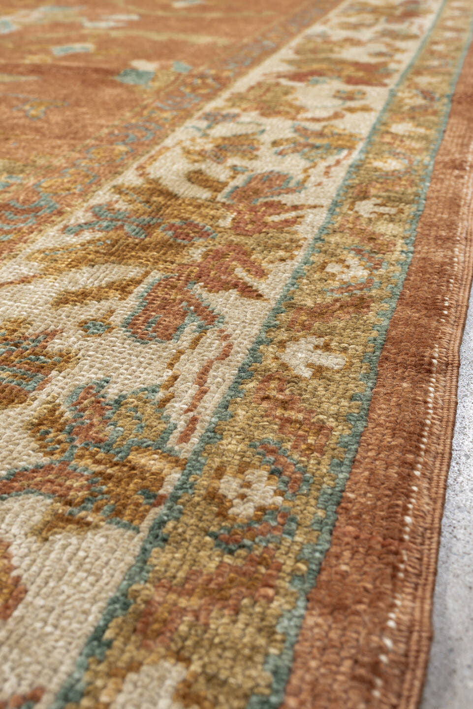 8' x 9' one-of-a-kind handmade antique Oushak large size rug. Color palette: terra cotta, ivory, sage, light blue, gold