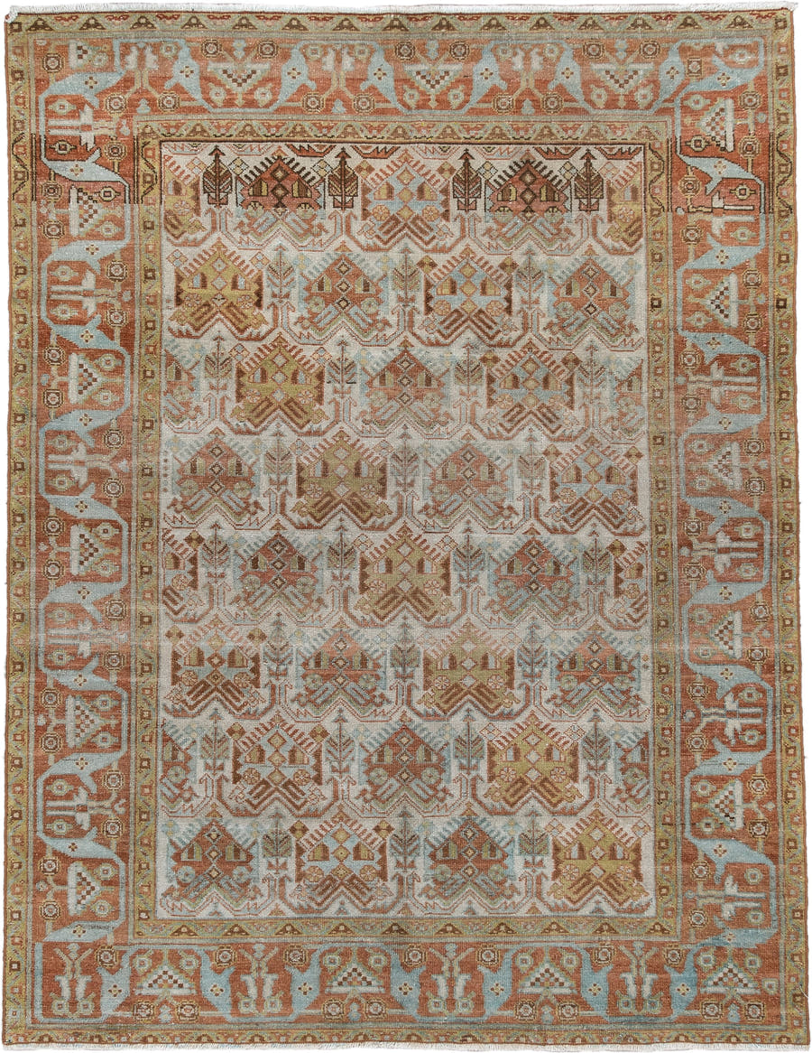 4' x 5' one-of-a-kind handmade antique Afshar small size rug. Color palette: ivory, terra cotta, pale blue, camel, taupe