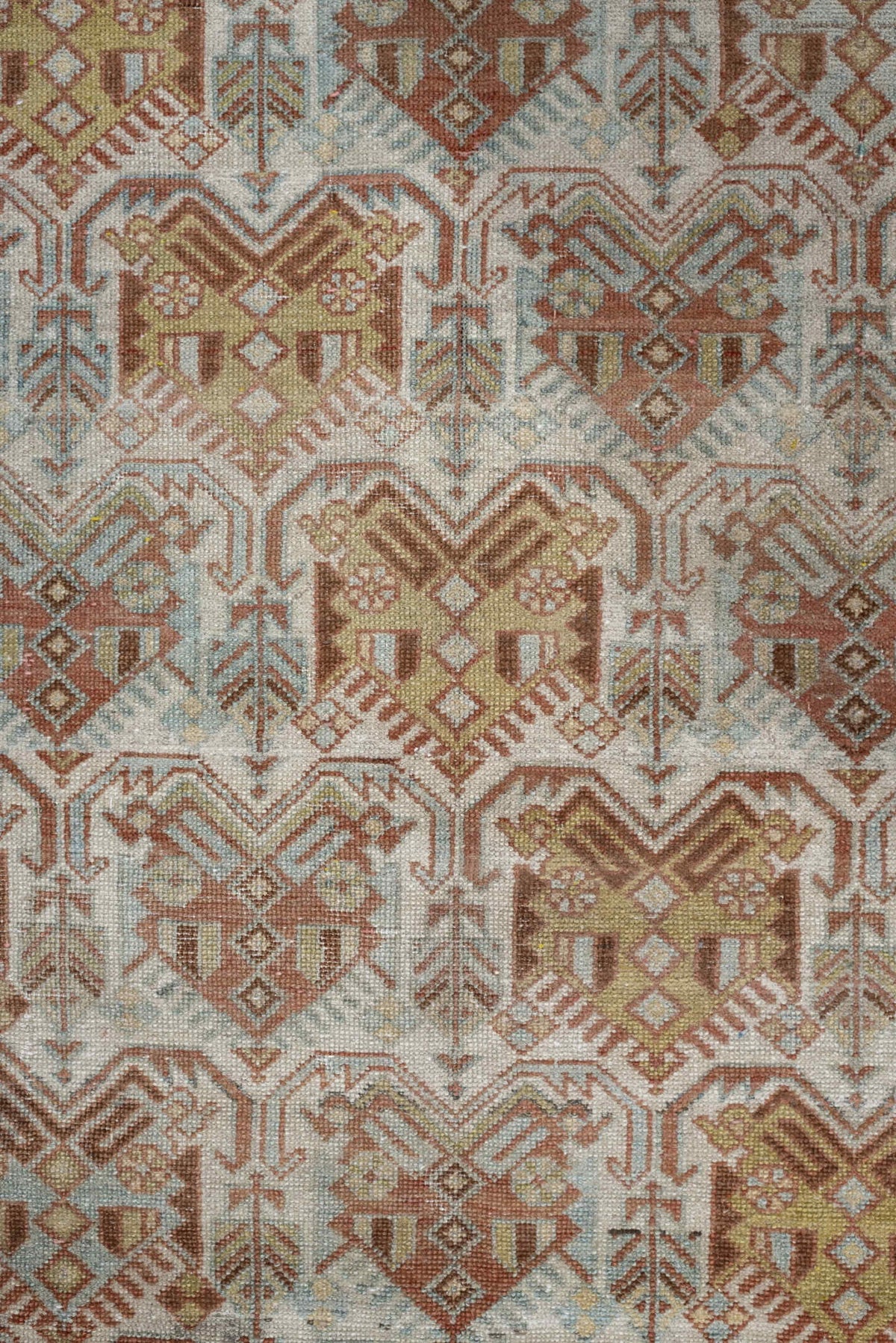4' x 5' one-of-a-kind handmade antique Afshar small size rug. Color palette: ivory, terra cotta, pale blue, camel, taupe