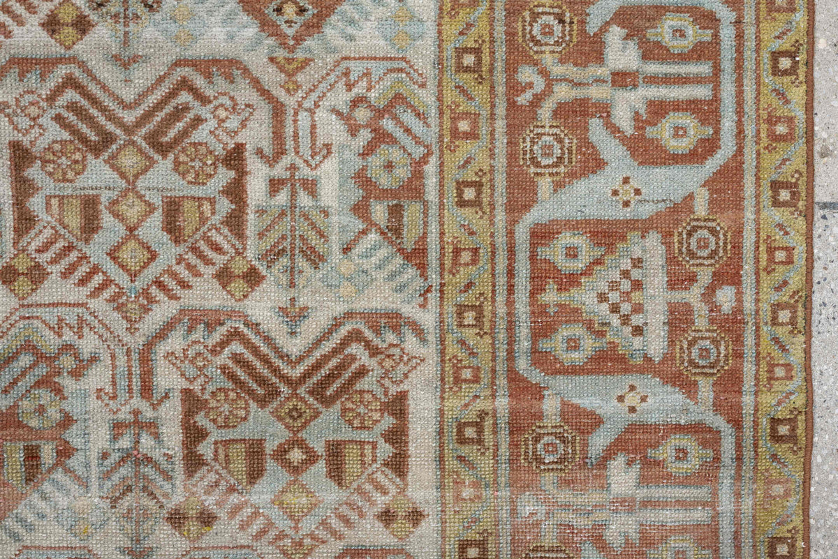 4' x 5' one-of-a-kind handmade antique Afshar small size rug. Color palette: ivory, terra cotta, pale blue, camel, taupe