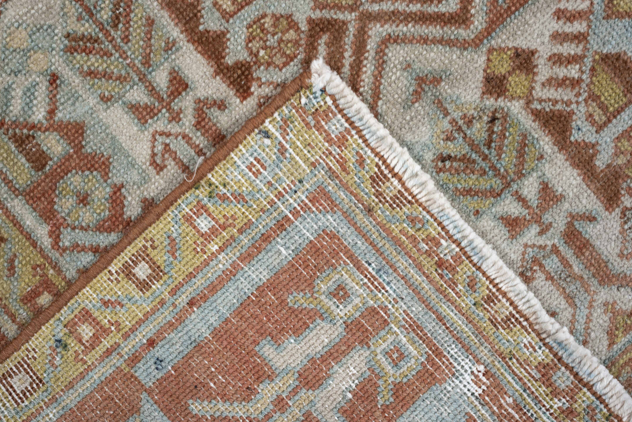 4' x 5' one-of-a-kind handmade antique Afshar small size rug. Color palette: ivory, terra cotta, pale blue, camel, taupe