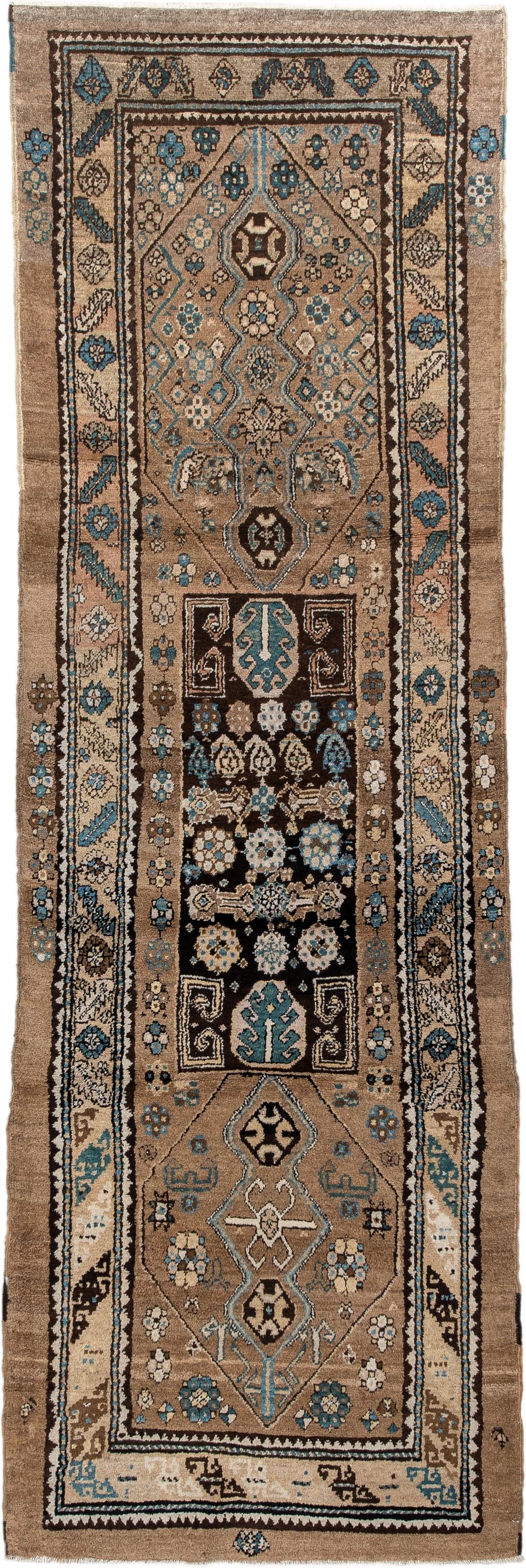 2' x 8' one-of-a-kind handmade antique Sarab runner rug. Color palette: camel, taupe, ivory, brown, sky blue, charcoal