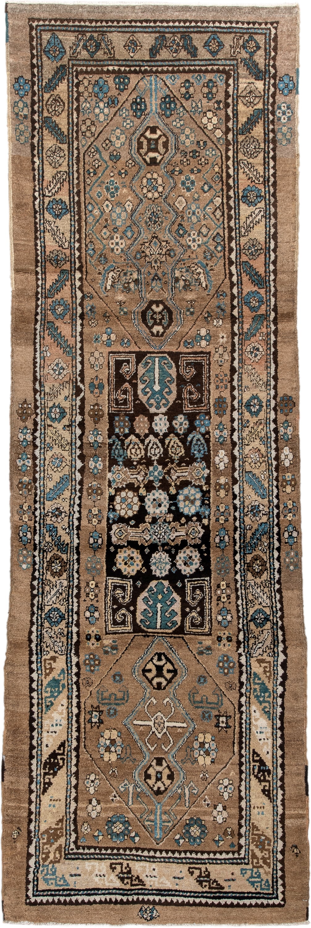 2' x 8' one-of-a-kind handmade antique Sarab runner rug. Color palette: camel, taupe, ivory, brown, sky blue, charcoal