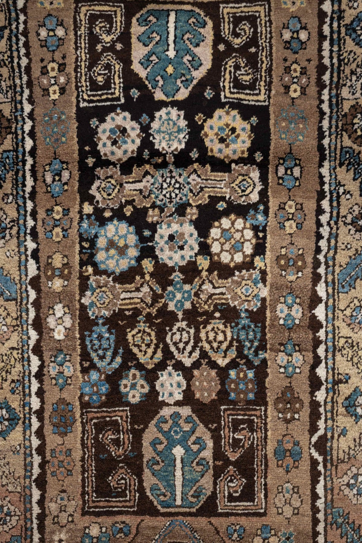 2' x 8' one-of-a-kind handmade antique Sarab runner rug. Color palette: camel, taupe, ivory, brown, sky blue, charcoal