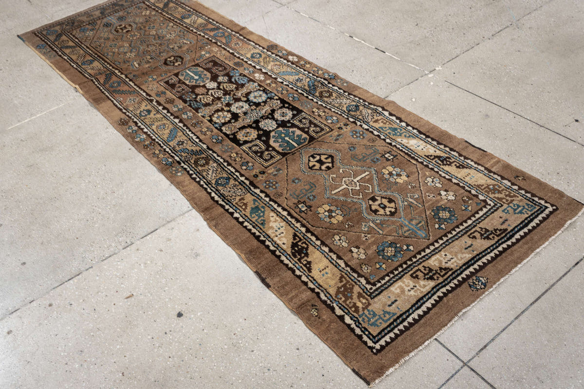 2' x 8' one-of-a-kind handmade antique Sarab runner rug. Color palette: camel, taupe, ivory, brown, sky blue, charcoal