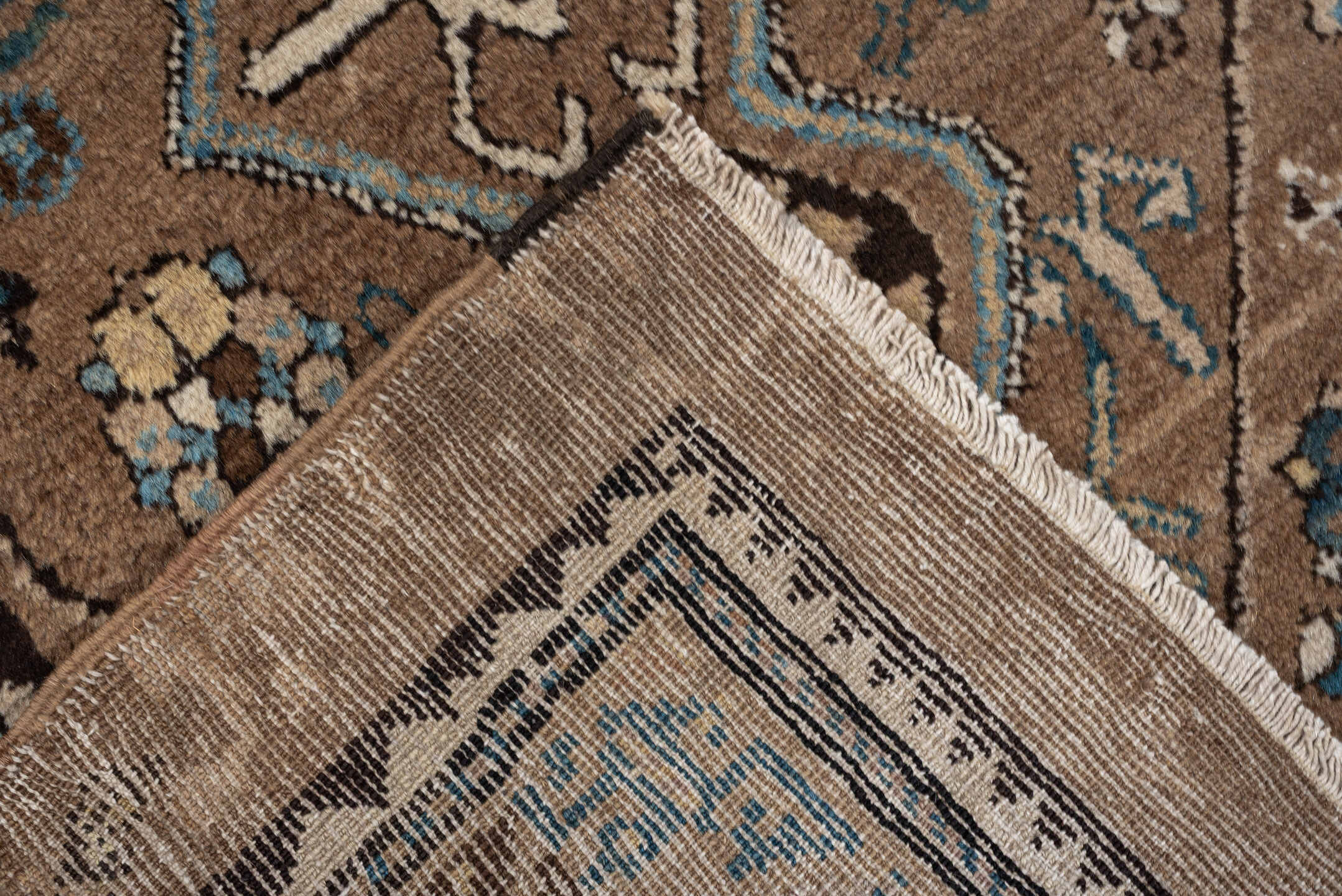 2' x 8' one-of-a-kind handmade antique Sarab runner rug. Color palette: camel, taupe, ivory, brown, sky blue, charcoal