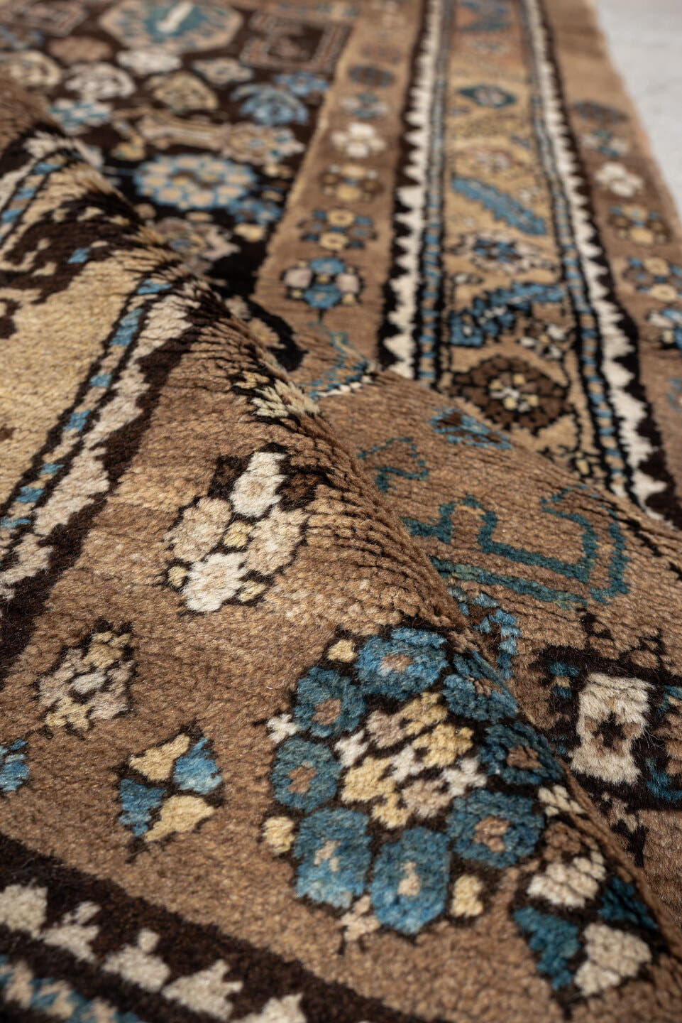 2' x 8' one-of-a-kind handmade antique Sarab runner rug. Color palette: camel, taupe, ivory, brown, sky blue, charcoal