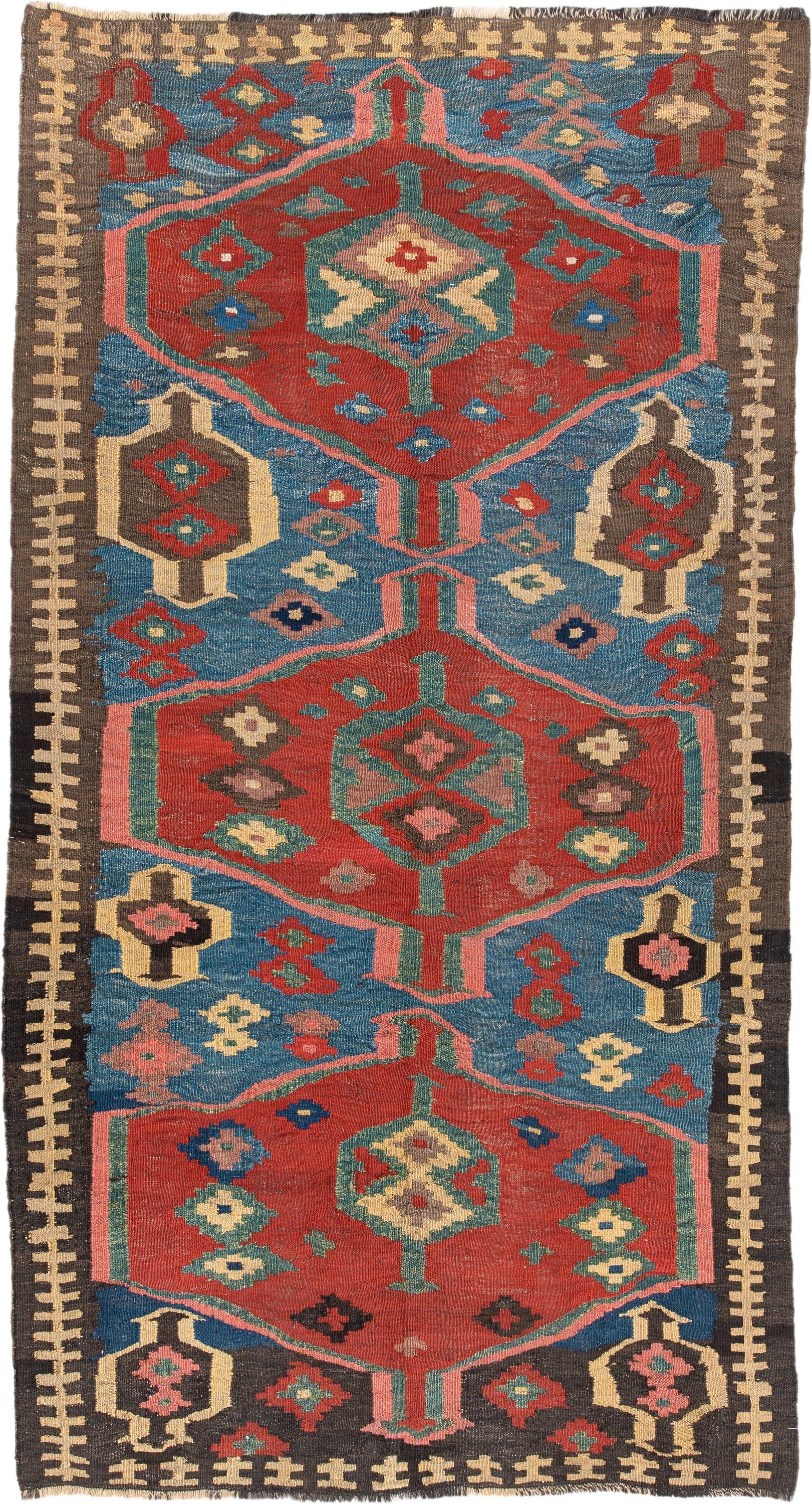 4' x 9' one-of-a-kind handmade antique Kilim medium size rug. Color palette: rust, blue, ivory, charcoal, rose, olive, teal