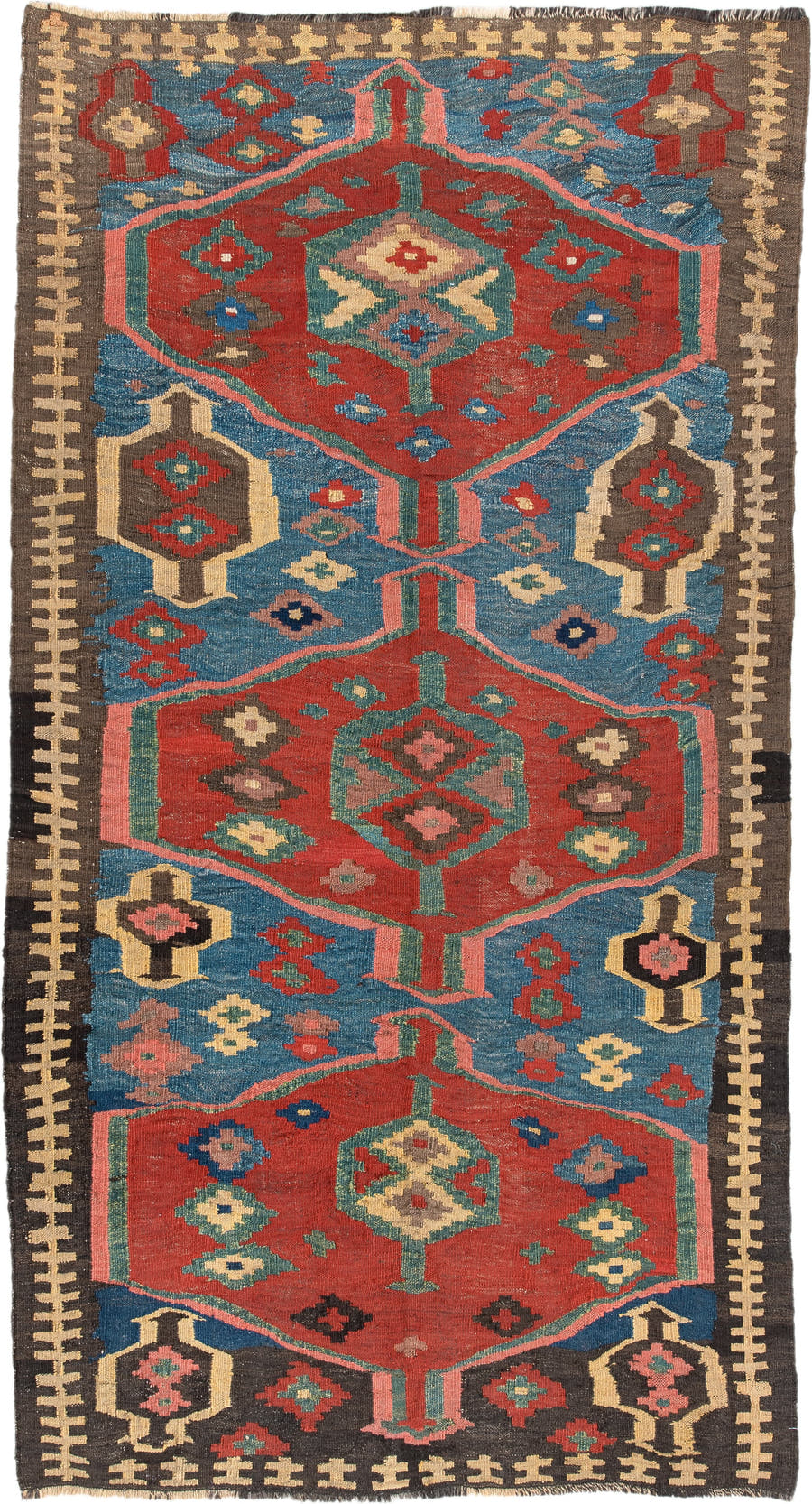 4' x 9' one-of-a-kind handmade antique Kilim medium size rug. Color palette: rust, blue, ivory, charcoal, rose, olive, teal