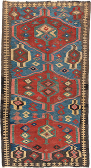 4' x 9' one-of-a-kind handmade antique Kilim medium size rug. Color palette: rust, blue, ivory, charcoal, rose, olive, teal