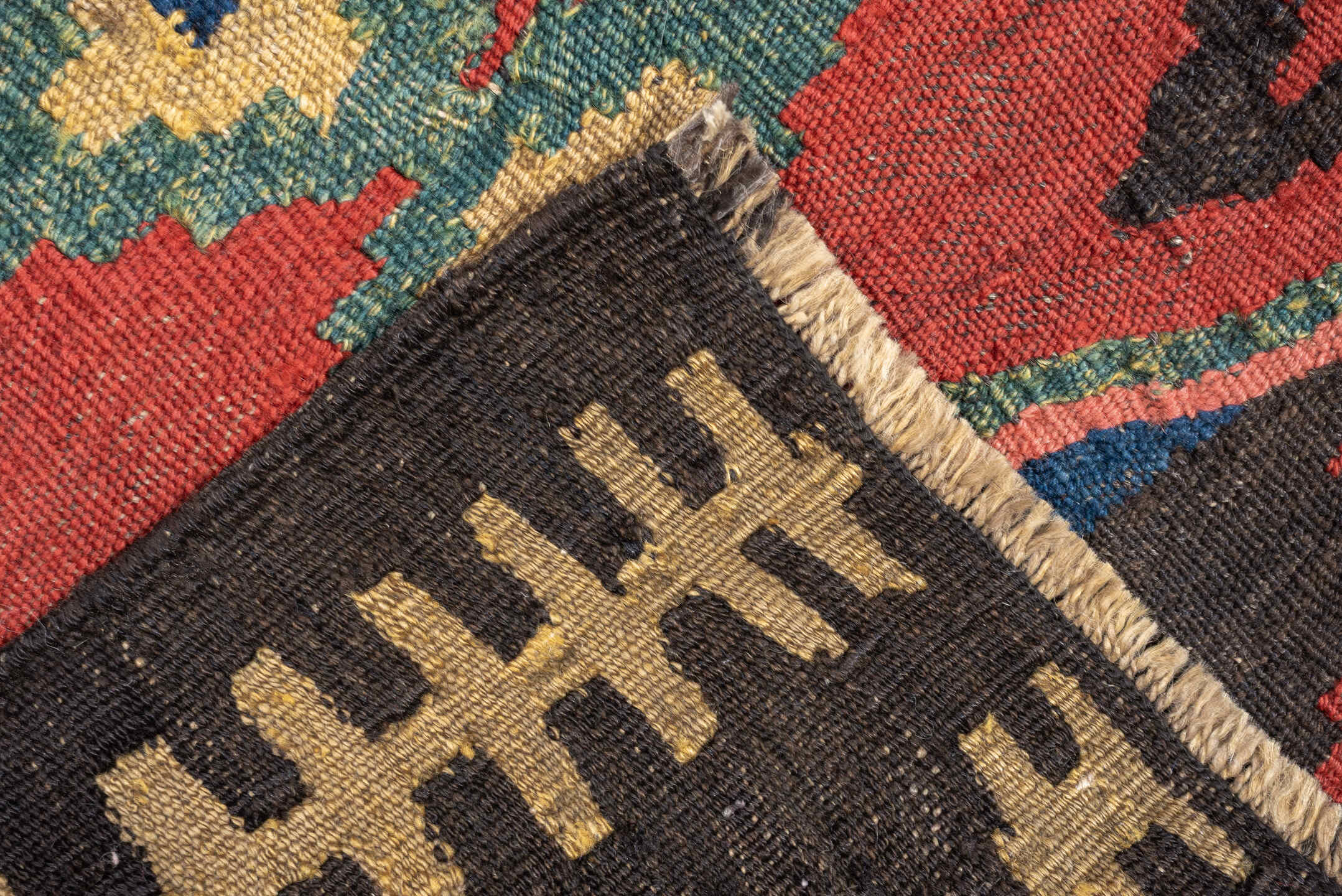 4' x 9' one-of-a-kind handmade antique Kilim medium size rug. Color palette: rust, blue, ivory, charcoal, rose, olive, teal