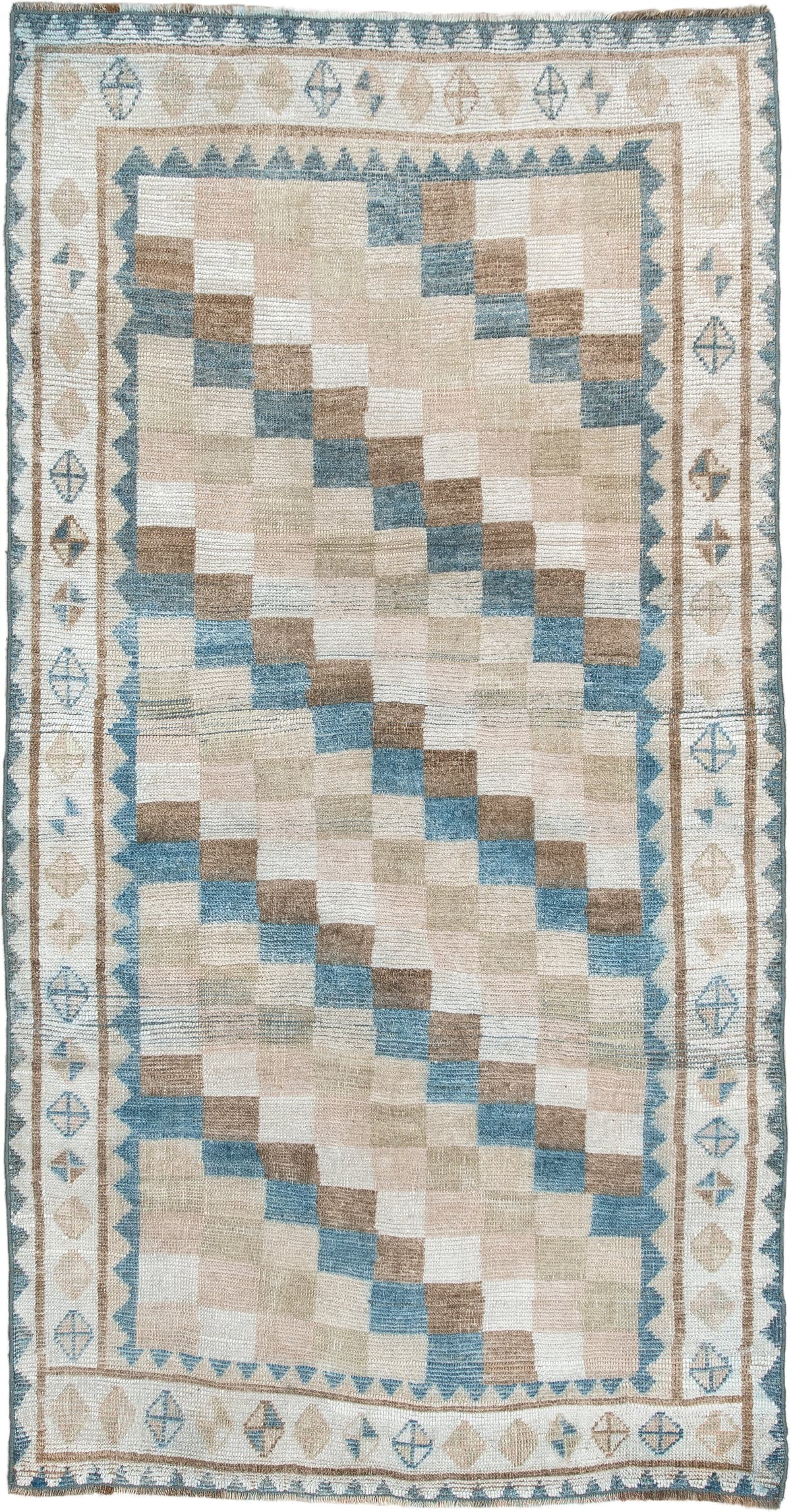 3' x 6' one-of-a-kind handmade antique Gabbe small size rug. Color palette: ivory, camel, sky blue, taupe, beige, sand
