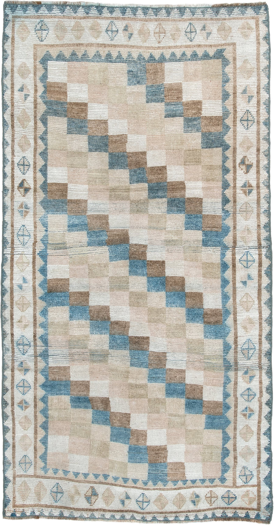 3' x 6' one-of-a-kind handmade antique Gabbe small size rug. Color palette: ivory, camel, sky blue, taupe, beige, sand