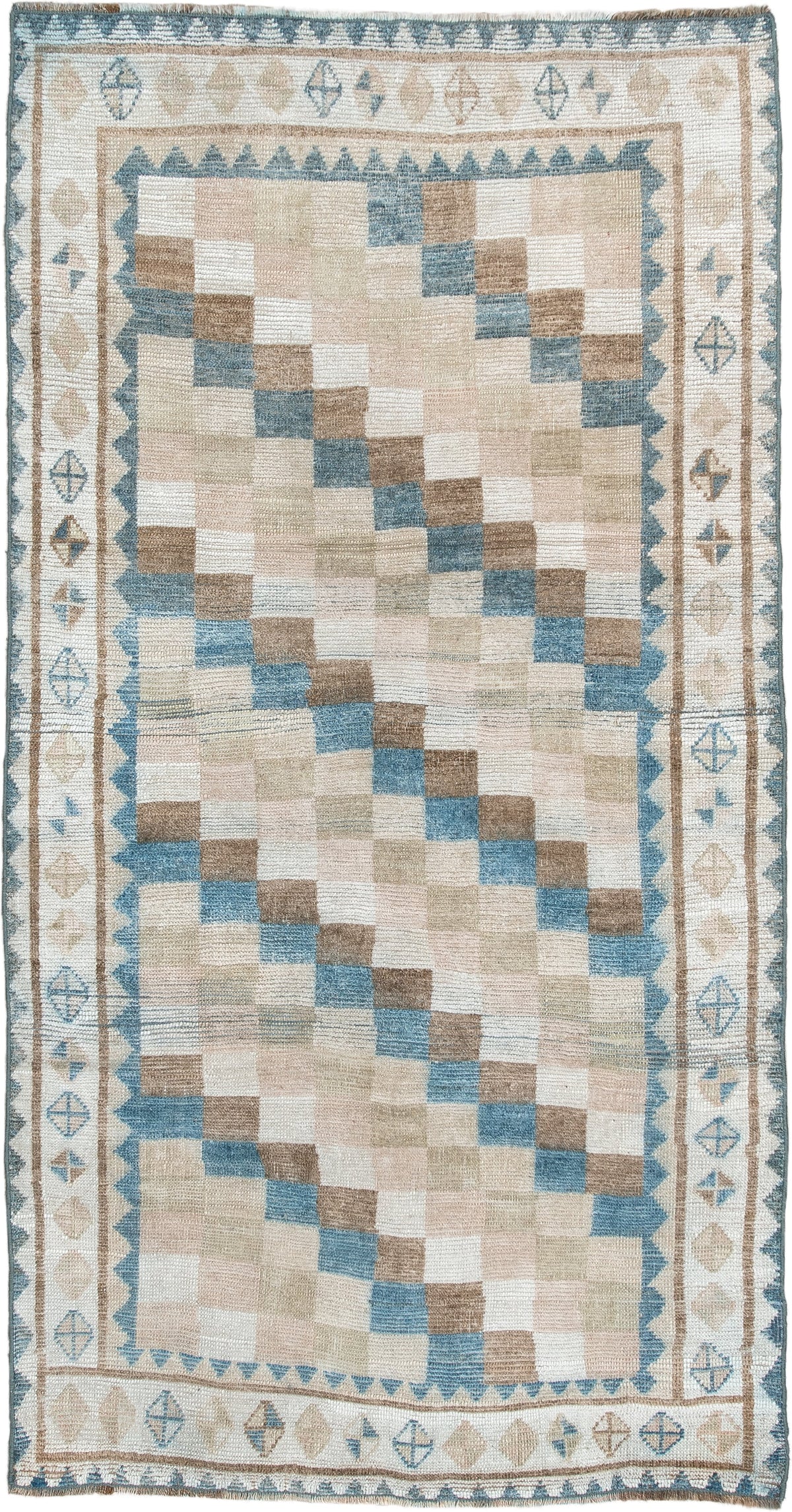 3' x 6' one-of-a-kind handmade antique Gabbe small size rug. Color palette: ivory, camel, sky blue, taupe, beige, sand