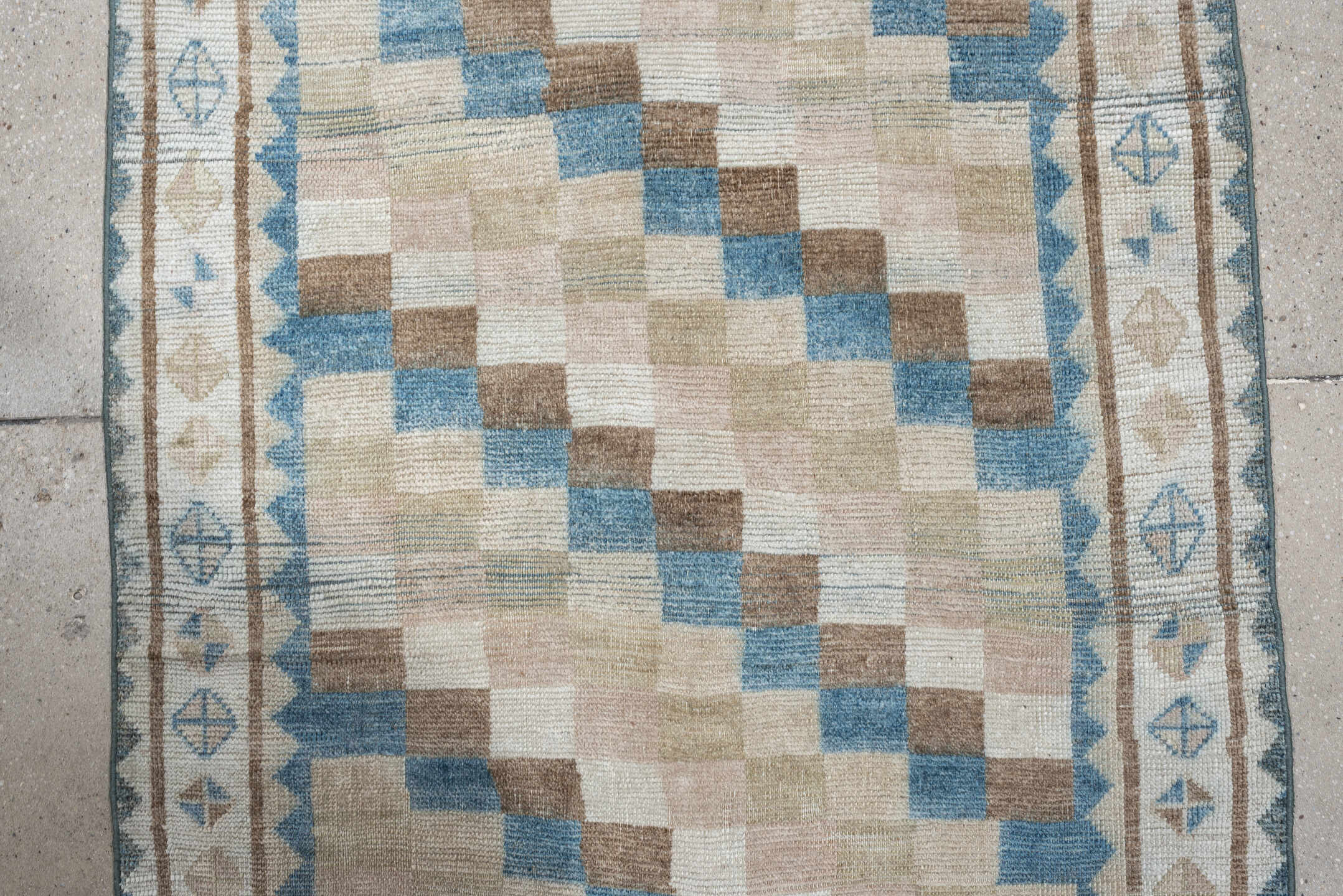 3' x 6' one-of-a-kind handmade antique Gabbe small size rug. Color palette: ivory, camel, sky blue, taupe, beige, sand