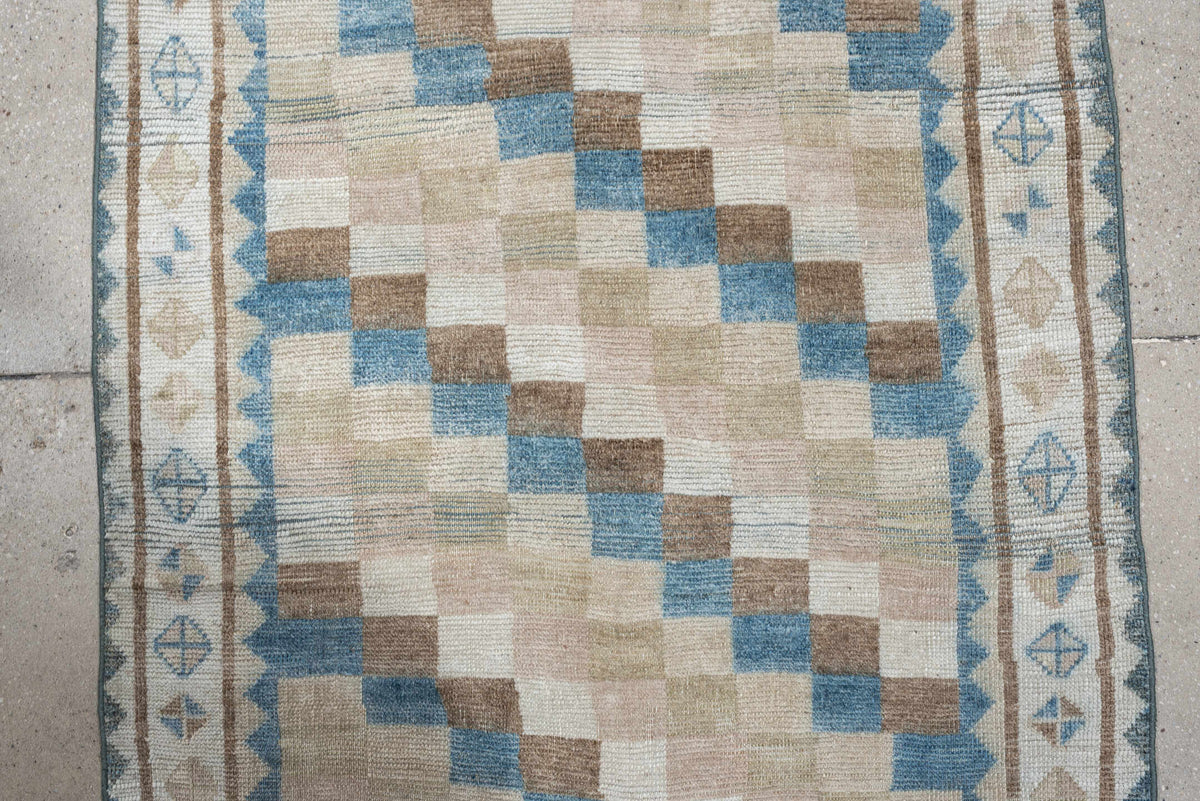 3' x 6' one-of-a-kind handmade antique Gabbe small size rug. Color palette: ivory, camel, sky blue, taupe, beige, sand